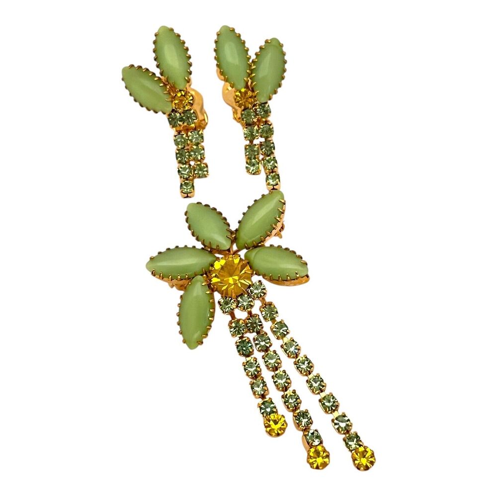 Vintage Brooch & Earring Set Rhinestones Green Yellow Demi-Parure Mcm 9v View 5